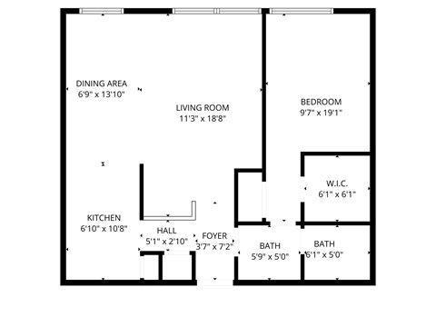 Floor plan for 1 bed, 1 bath, 715 sqft
